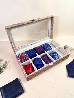 La Trove - Premium Vegan Designer Leather 10 Slot Tie Box Organizer With Glass Top Champagne
