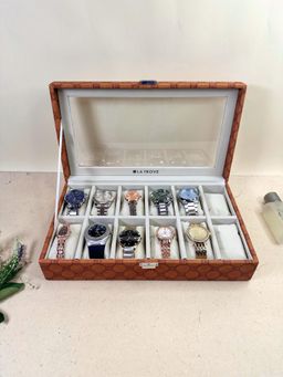 La Trove - Vegan Designer Leather 12 Slot Watch Box Display Case Organiser With Glass Top Tan