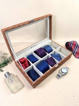 La Trove - Premium Vegan Designer Leather 10 Slot Tie Box Organizer With Glass Top Tan
