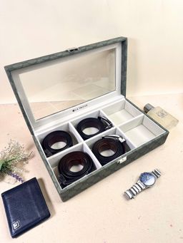 La Trove - Vegan Designer Leather Storage Belt box Organizer for Belts With Glass Top Green