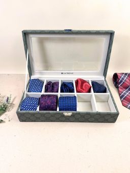 La Trove - Premium Vegan Designer Leather 10 Slot Tie Box Organizer With Glass Top Olive Green