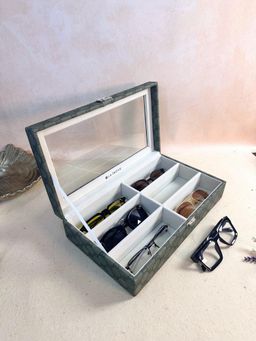 La Trove - Elegant Vegan 6 Slot Sunglass Box Organiser With Glass Top Olive Green
