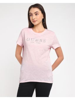 Guess - Womens Pink Cotton Printed Regular Fit Half Sleeves T-Shirt