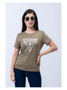 Guess - Womens Khaki Cotton Logo Regular Fit Half Sleeves T-Shirt