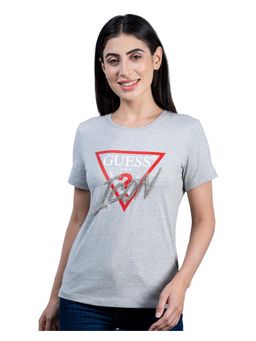Guess - Womens Grey Melange Cotton Logo Regular Fit Half Sleeves T-Shirt