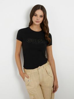 Guess - Women Black Solid Round Neck Short Sleeves T-Shirt
