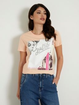 Guess - Women Peach Printed Round Neck Short Sleeves T-Shirt