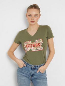 Guess - Women Olive Printed Round Neck Short Sleeves T-Shirt