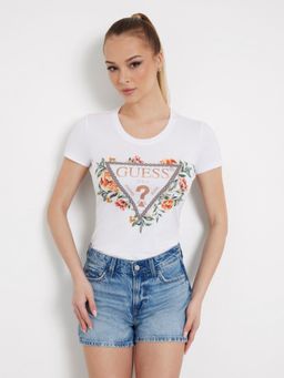 Guess - Women White Printed Round Neck Short Sleeves T-Shirt
