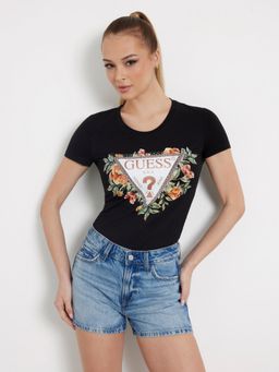 Guess - Women Black Printed Round Neck Short Sleeves T-Shirt