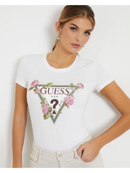 Guess - Womens White Cotton Logo Slim Fit Half Sleeves T-Shirt