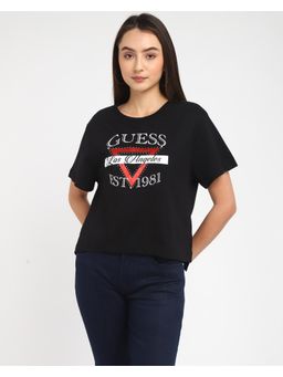 Guess - Womens Black Cotton Logo Boxy Fit Half Sleeves T-Shirt