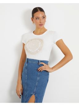 Guess - Womens White Cotton Geometric Slim Fit Half Sleeves T-Shirt