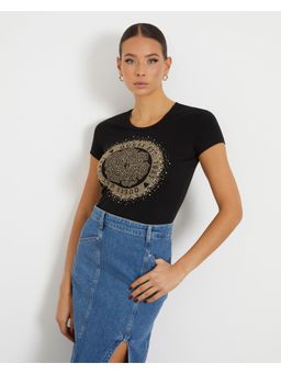 Guess - Womens Black Cotton Geometric Slim Fit Half Sleeves T-Shirt