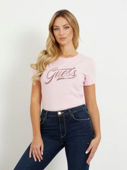Guess - Pink Pure Cotton Embellished Round Neck T-Shirt