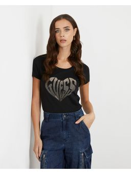 Guess - Womens Black Cotton Logo Regular Fit Half Sleeves T-Shirt