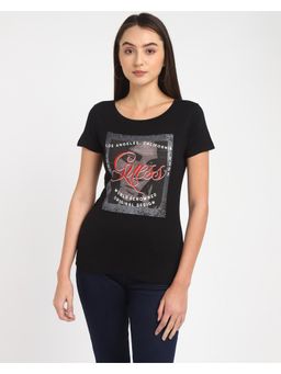 Guess - Womens Black Cotton Graphic Slim Fit Half Sleeves T-Shirt