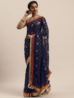 Vastranand - Navy Blue Poly Georgette Printed Bandhani Saree with Unstitched Blouse