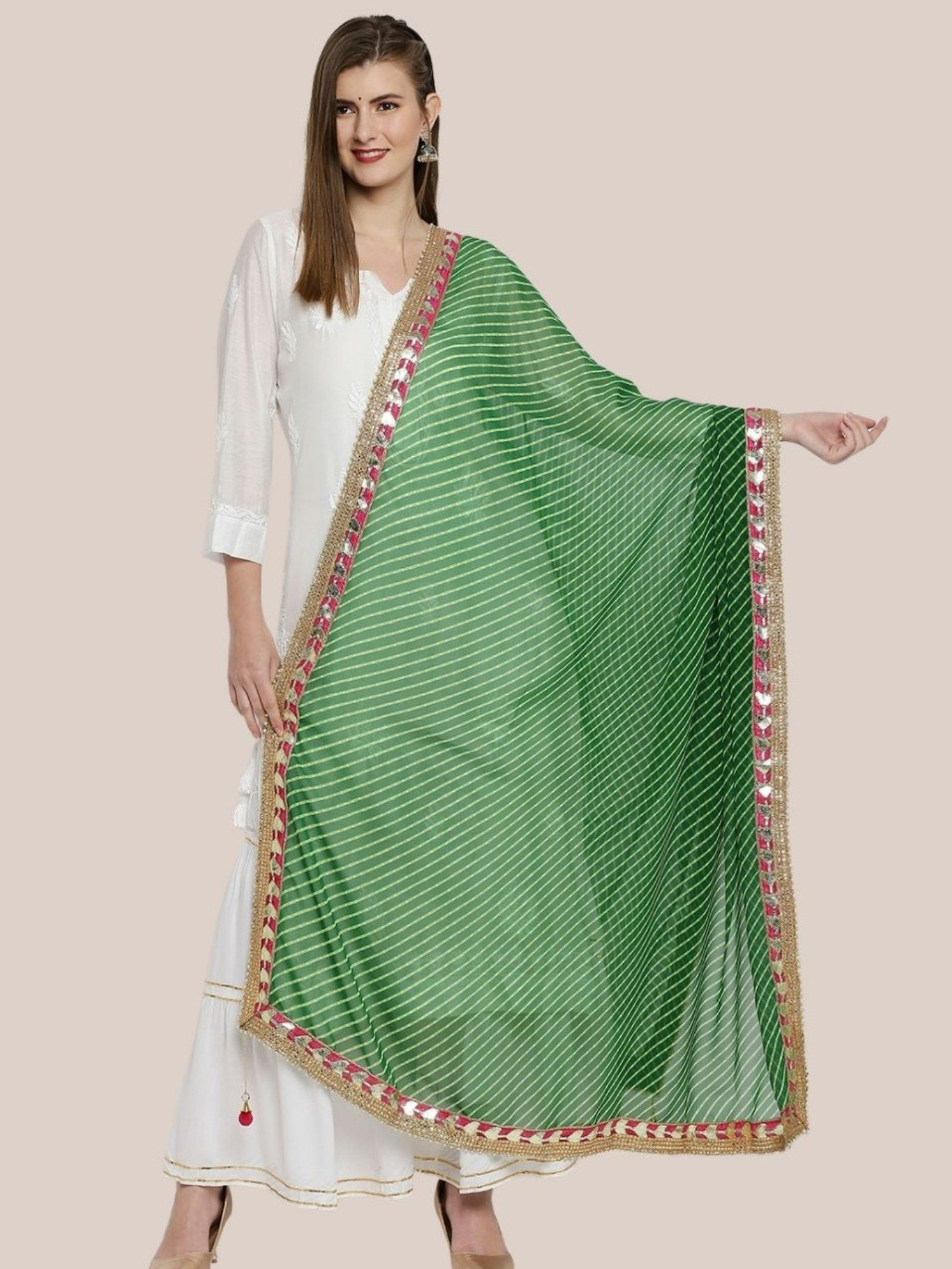 Womens Green Georgette Dupatta with Stripes Print and Gota Patti Border-image-38