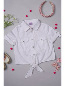One Friday - Girls White Cotton Half Sleeves Shirt with Tie-Up Knot