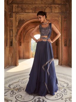 CHARU AND VASUNDHARA - Navy Blue Skirt with Blouse, Belt & Dupatta (Set of 4)