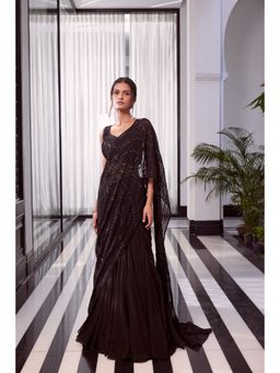 CHARU AND VASUNDHARA - Elora Black Embellished Lehenga Saree with Stitched Blouse
