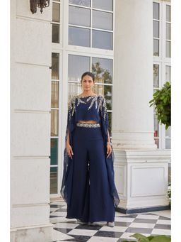 CHARU AND VASUNDHARA - Safwana Navy Blue Palazzo with Bustier & Poncho (Set of 3)