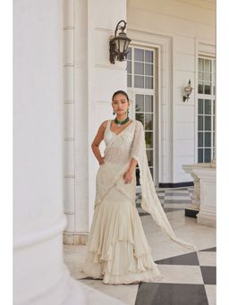 CHARU AND VASUNDHARA - Soha Ivory Embellished Lehenga Saree with Stitched Blouse