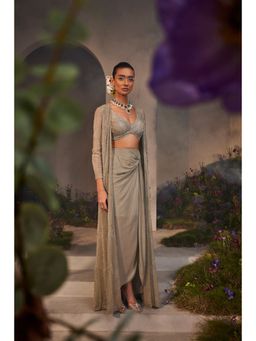 CHARU AND VASUNDHARA - Leya Silver Grey Ethnic Skirt with Blouse & Jacket (Set of 3)