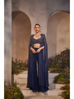 CHARU AND VASUNDHARA - Lexi Electric Navy Blue Ethnic Cape with Pant & Bustier (Set of 3)