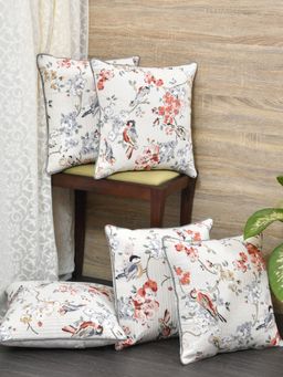 The Home Story - Cushion Covers Set of 5 - 20 x 20 Inches - Grey Flowers & Birds