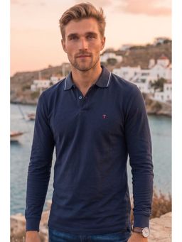 Louis Philippe - Men Navy Blue Solid Polo Neck T-shirt