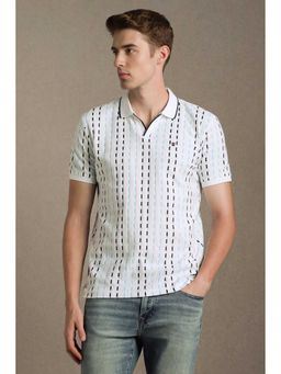 Louis Philippe - Men White Stripe Polo Neck T-shirt