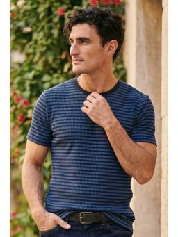 Louis Philippe - Men Blue Stripe Crew Neck T-shirt