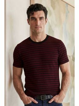 Louis Philippe - Men Maroon Stripe Crew Neck T-shirt