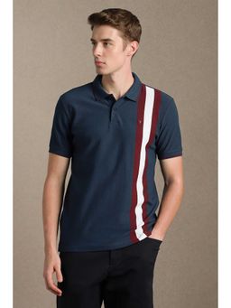 Louis Philippe - Men Navy Blue Stripe Polo Neck T-shirt