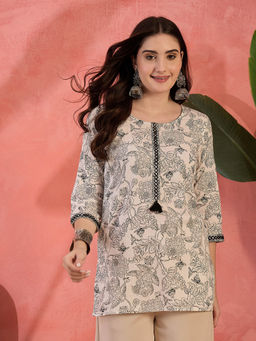 Stylum - Women White Floral Printed Cotton Straight Tunic