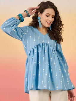 Stylum - Women Sky Blue Printed Design Cotton Top