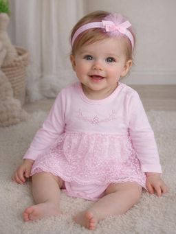 Mi Arcus - Pink Embroidered Full Sleeves Romper Style Dress with Headband