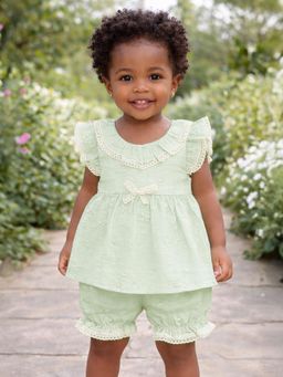 Mi Arcus - Green Cotton Embroidered Frill Sleeves Dress with Shorts