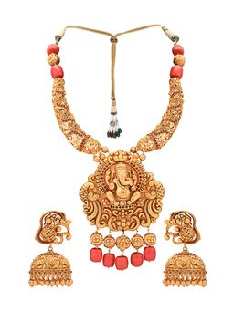 Joules By Radhika - Gold Toned Earring & Necklace Set With Temple Pendant & Coral Beads
