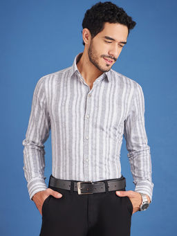 Louis Stitch - Mens Formal Striped Cotton Shirt Comfort Fit Grey
