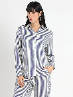 Madame - Striped Navy Blue Cotton Blend Shirt