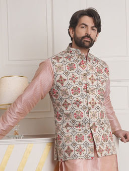 SOJANYA - Men Cotton Linen Cream Printed Nehru Jacket