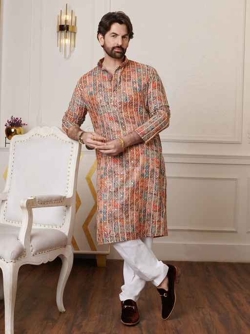 SOJANYA Cotton Silk Floral Embroidered Multi-Color Kurta With Pyjama (Set of 2)