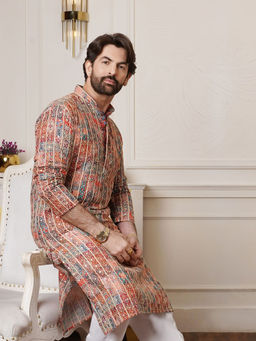 SOJANYA - (Since 1958) Men's Cotton Silk Gold Thread Floral Embroidered Multicolor Kurta