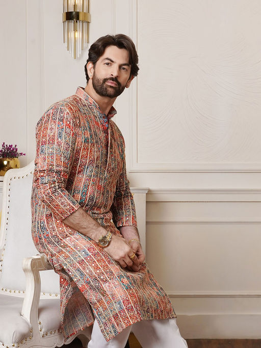 SOJANYA (Since 1958) Men's Cotton Silk Gold Thread Floral Embroidered Multicolor Kurta
