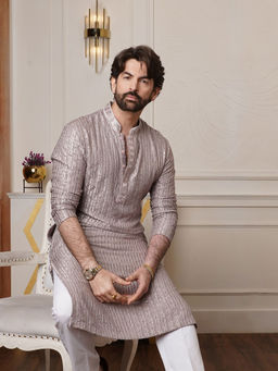 SOJANYA - (Since 1958) Men's Cotton Rayon Shiny Thread Sequinned Brown Kurta