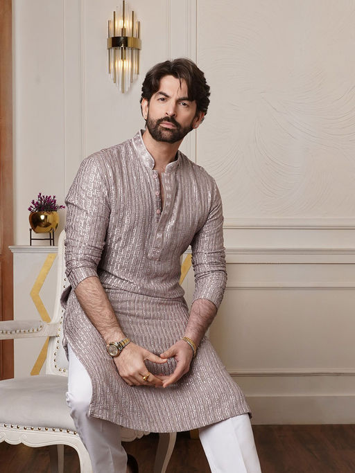 SOJANYA (Since 1958) Men's Cotton Rayon Shiny Thread Sequinned Brown Kurta