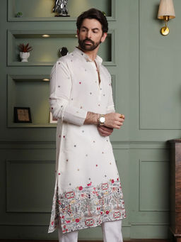 SOJANYA - (Since 1958) Men's Cotton Silk Daman Embroidered White Kurta